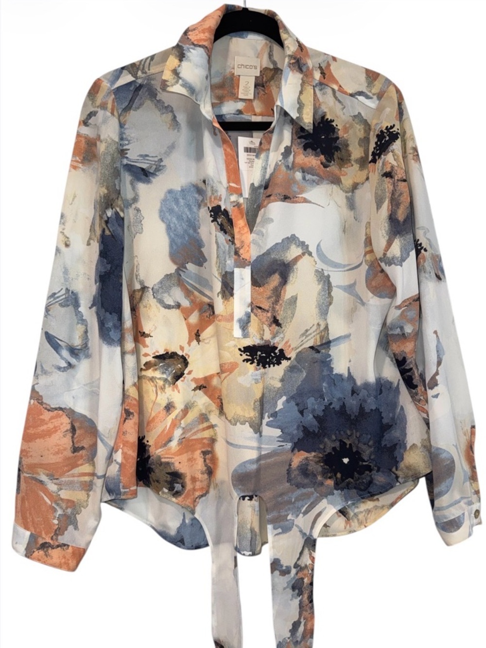 NWT Chico's Indigo Bloom Peasant Floral Tie-Front Blouse Sz 2 (Large)